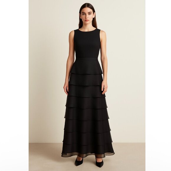 Tadashi Black Silk Tiered Chiffon Maxi Skirt Sz 8 Formal Elegant Evening Wear - Picture 1 of 9